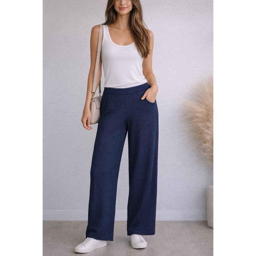 St. John Basics Pants Women 12 Navy Blue Santana Knit Wide Leg High Rise Classic